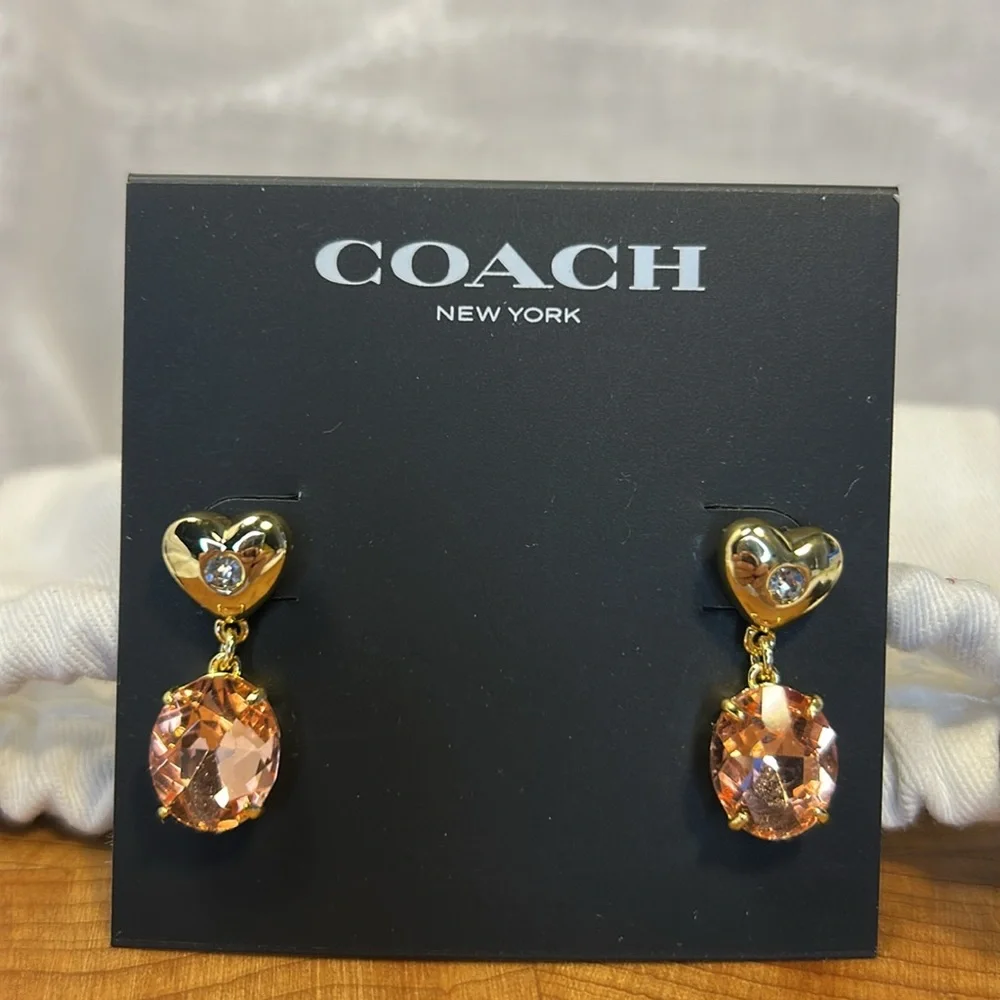 NWT Coach Gold Heart Earrings with Orange Gemstones - Picture 1 of 9